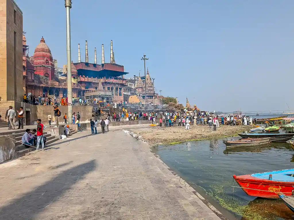 Manikarnika Ghat, one of the holiest Banaras places on the Ganges River.